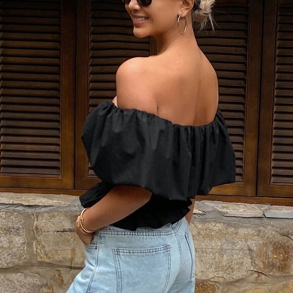 Black Casual Women's Bandeau Off Shoulder Elegant Short Shirt Top - Picture 3 of 7